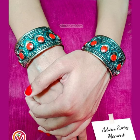 single Boho Kuchi Cuff Bracelet With Stones, Tribal Handmade Cuff Bracelet - Picture 2 of 6